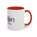 White ceramic mug with bold color accents